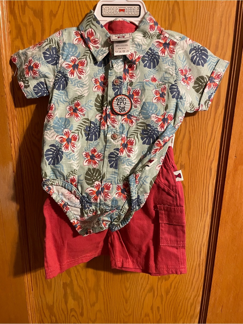 Carter's Floral Button-Front Bodysuit with Red Shorts - Light Green, Red, Blue